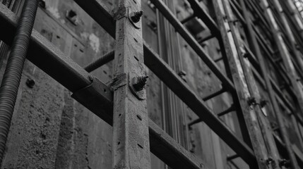 Rusty Metal Ladder Against Weathered Concrete Wall