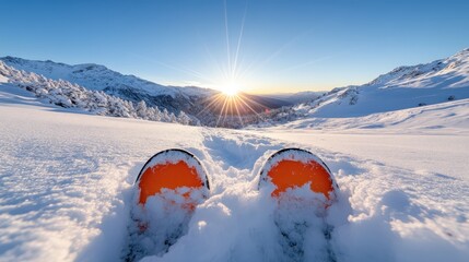 A stunning scene from the perspective of a skier looking at the sunset over the mountains, conveying a sense of adventure and the beauty of nature in winter.