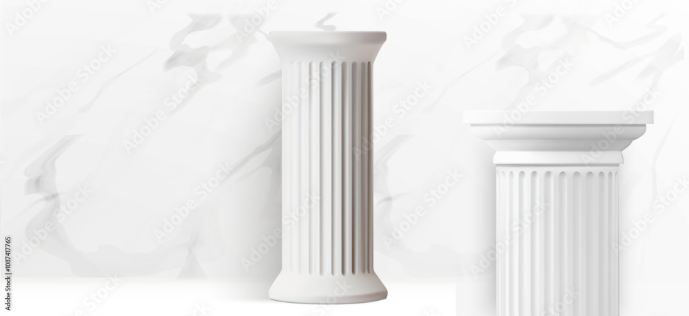 Aufkleber A set of pristine white classical columns with fluted designs stands against a subtle marble-patterned background. Vector illustration