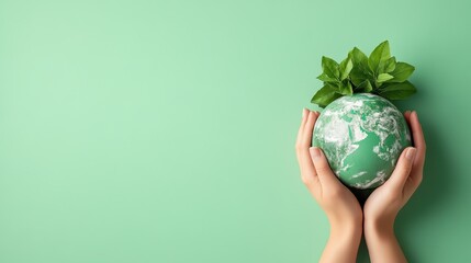 A set of hands gently holding a globe, adorned with green leaves, symbolizing environmental responsibility, sustainability, and the nurturing aspect of humanity for Earth.