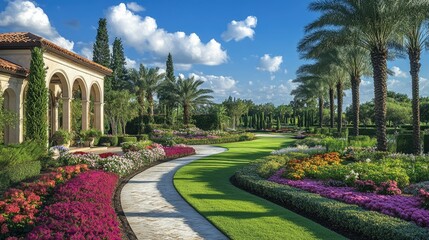 Naklejka premium Elegant Formal Garden with Colorful Flowers