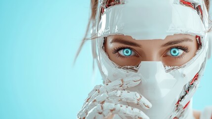 A masked figure with striking blue eyes in a white futuristic outfit and gloved hands, symbolizing a mysterious blend of human emotion and machine aesthetics.