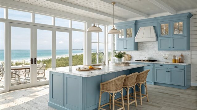Bright beach house kitchen with blue cabinets and ocean view