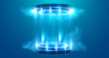 A high-tech holographic platform emits bright blue light beams and glowing particles against a gradient blue background The scene has a futuristic and sci-fi feel, showcasing a portal. Vector 