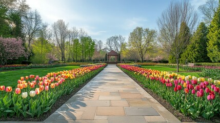 Spring Garden Pathway with Colorful Tulips