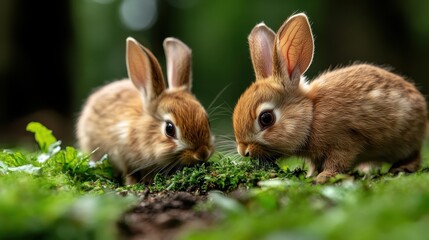 Fototapeta premium Two adorable rabbits are curiously exploring the lush, green forest floor, surrounded by fresh grass and bright foliage in their natural habitat.