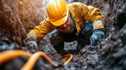 A dedicated construction worker kneels in a muddy trench, wearing safety gear and handling a yellow cable, focused on the task amidst challenging conditions.