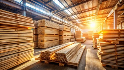 Fototapeta premium Sunlight streams through a warehouse, illuminating stacks of freshly cut wooden planks, highlighting the warmth and natural beauty of the wood.