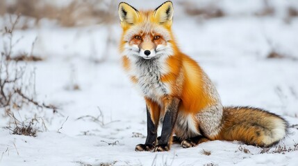 Naklejka premium Red fox sitting in snowy landscape.