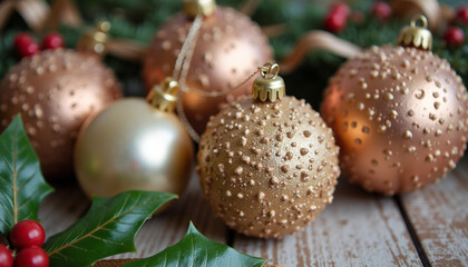 Textured vintage Christmas ornaments, picture glass balls, vintage ribbon bows and holly leaves - simple and charming.