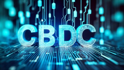 Central Bank Digital Currency CBDC. Futuristic modern neon lights high-tech technology background. Illuminated letters.