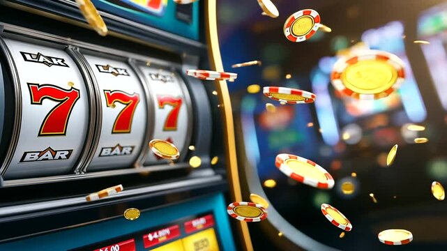 A close-up of a slot machine&rsquo;s reels showing 777, with gold coins and chips flying in all directions, symbolizing the exhilaration of a major online casino win.