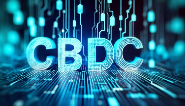 Central Bank Digital Currency CBDC. Futuristic modern neon lights high-tech technology background. Illuminated letters.