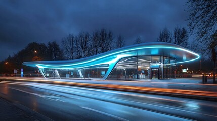 Futuristic electric bus terminal featuring efficient automated systems and eco friendly architectural design  The terminal is illuminated at night