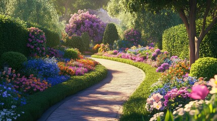Charming Garden with Winding Walkway in Full Bloom