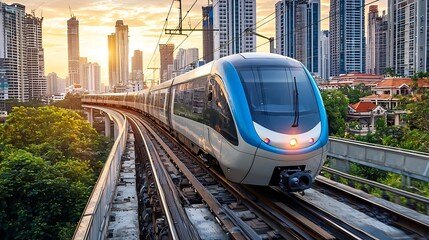 Naklejka premium Futuristic high speed electric train gliding across a bridge with a stunning cityscape in the background The sleek