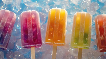 Frozen popsicles floating, sparkling background, colorful, whimsical, summer delight