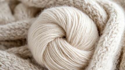 Soft Beige Yarn Ball on Knitted Fabric Background
