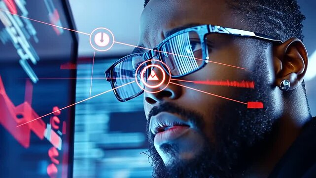 A Black cybersecurity expert evaluates network vulnerabilities and potential breaches in a sophisticated tech office, highlighting both their skill and the essential role of divers