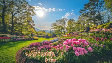 Obraz premium Vibrant Springtime Garden with Scenic View