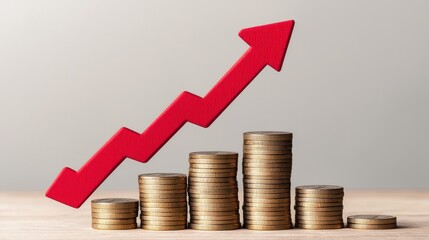 Financial concept of currency price surge. A graph illustrating growth, featuring an upward red arrow alongside stacked coins, symbolizing financial success and increasing wealth.