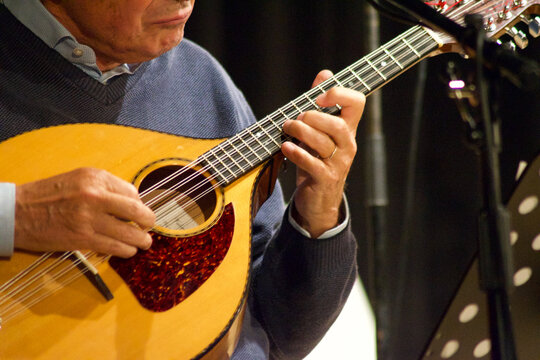 close-up of musician hands that play an mandolin in a theatre concert