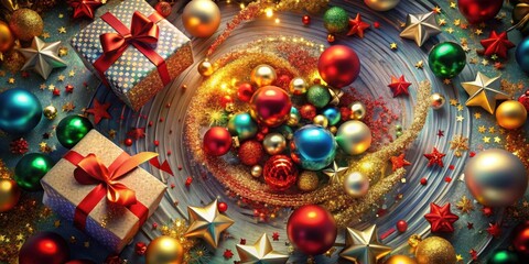 Naklejka premium A festive Christmas composition featuring presents, ornaments, and stars on a blue and gold background.