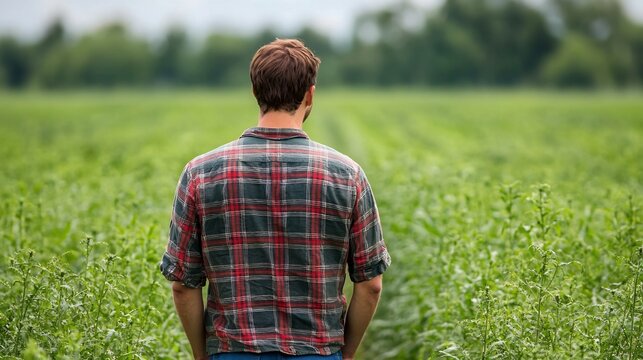 Farmer using sustainable regenerative farming practices in a vibrant green field of cover crops promoting biodiversity and ecological balance on the farmland
