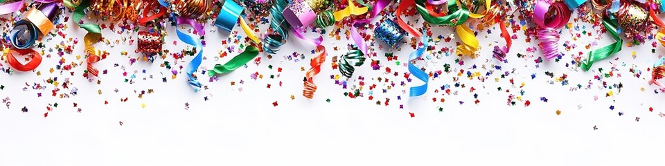 Obraz premium Colorful party supplies border with confetti on white