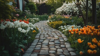 Serene Cobblestone Pathway Through Flower Garden