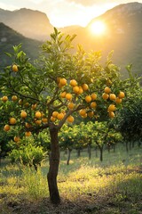 Lemon tree in orchard, glowing in soft golden sunlight, mountains in the background