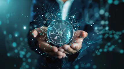 Businessman in dark suit holds virtual sparkling compass with silver lines in transparent sphere against celestial-themed dark blue background.