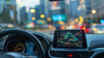 Car interior: dashboard with touch screen map, speedometer, and controls. Glove compartment, ventilation outlets. Background shows blurry lights, implying city night drive.
