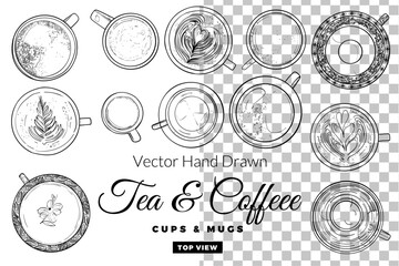 Vector hand drawn tea and coffee cups and mugs  top view collection.Outline drinkware for coffee or tea menus.Isolated tea cups and coffee mugs on transparent background.Illustration is outline only. 