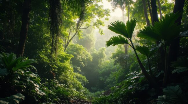 Fototapeta Lush green jungle with light fog