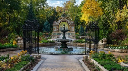 Serene Park with Artistic Garden and Fountain