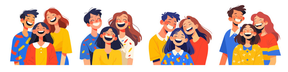 Obraz premium happy people smiling flat. friends posing set, man woman group portrait bright blue yellow red colors simple vector illustration