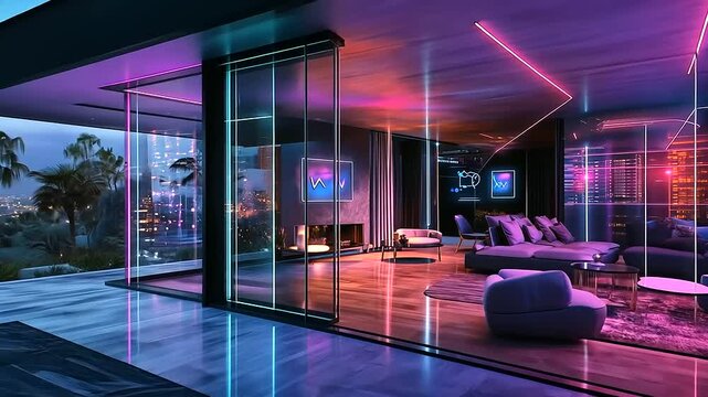 A digital rendering of a house where devices like smart lights, speakers, and security systems float above their respective areas, with glowing lines of connectivity streaming betw
