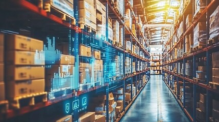 High tech warehouse interior with advanced blockchain based inventory tracking system and digital screens displaying real time data analytics for efficient logistics and supply chain management