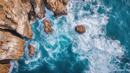 Rocky coastline with turquoise ocean waves crashing