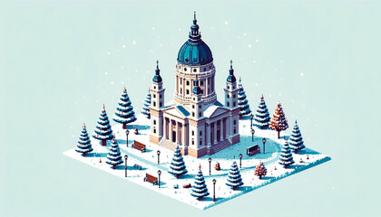 Illustration against light background with space for text, pixel art style 
