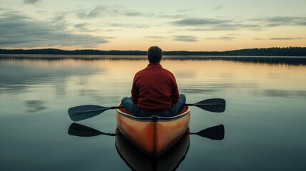 Man sitting in a canoe on a calm lake at sunset