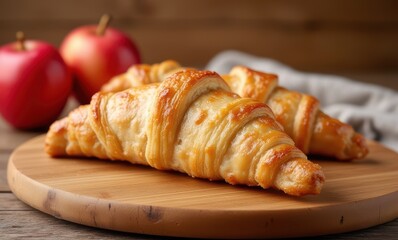 Freshly baked golden croissants on wooden board