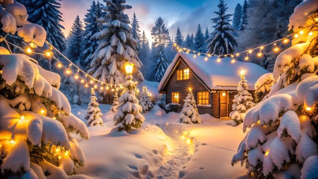 Holzh&uuml;tte in den Bergen im Schnee zu Weihnachten - Wundersch&ouml;ne Lichter