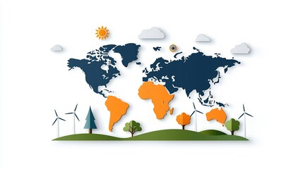 Naklejka premium Flat design of a world map highlighting areas affected by climate change with icons of renewable energy sources like solar wind and hydro scattered across