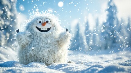 A whimsical portrayal of the abominable snowman in a snowy landscape, looking friendly and approachable, with a playful expression.