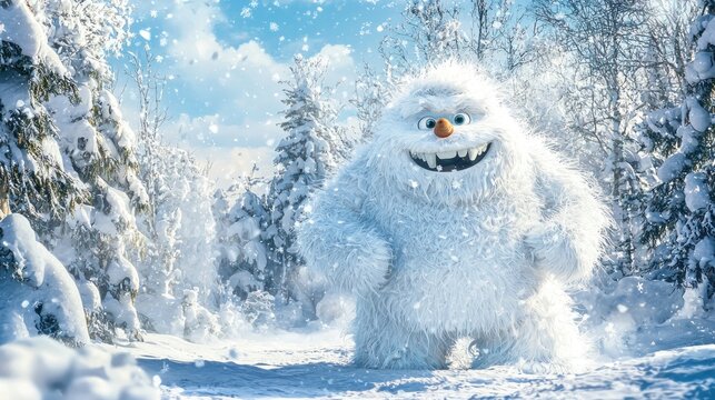 A whimsical portrayal of the abominable snowman in a snowy landscape, looking friendly and approachable, with a playful expression.