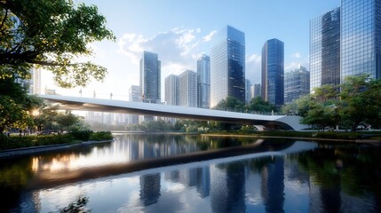 Fototapeta premium Innovative pedestrian bridge made from recycled composite materials integrated seamlessly within a modern urban skyline showcasing sustainable eco design and engineering