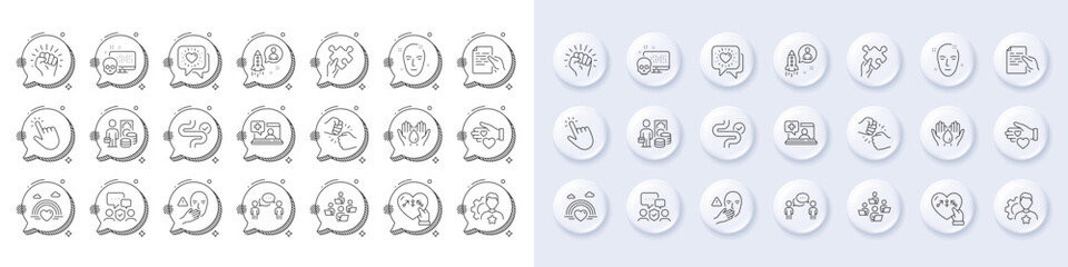 Cursor, Digestion and Money profit line icons. White pin 3d buttons, chat bubbles icons. Pack of Consulting business, Teamwork, Fist bump icon. Medical help, Hold document, Volunteer pictogram. Vector