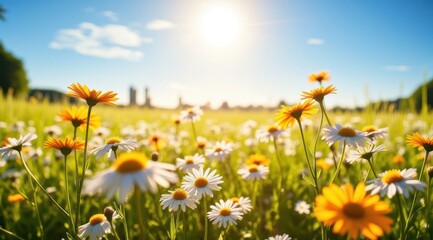 Sunny field of blooming daisies